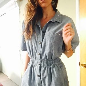 Vintage 70s Chambray Denim Jumpsuit Romper flight suit